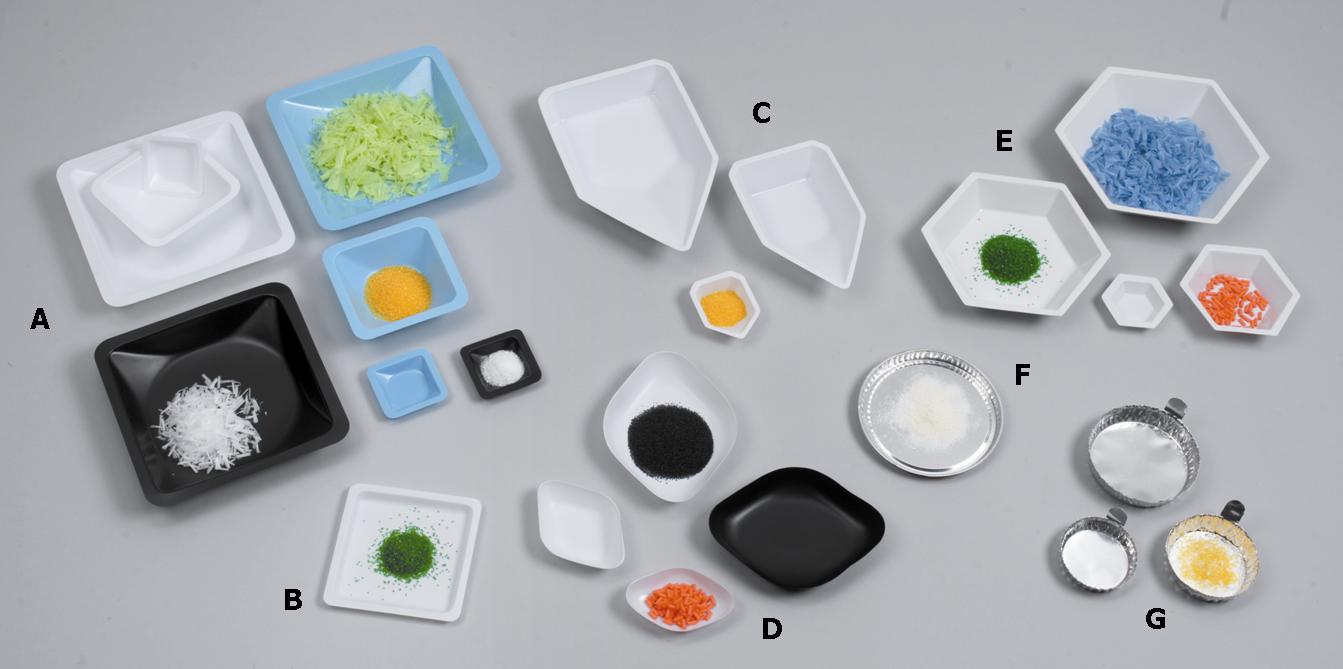 weigh boats, weigh dishes, weigh canoes, and weigh pans